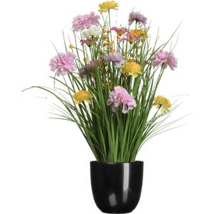 Kunstbloemen boeket lila paars - in pot zwart - keramiek - H70 cm
