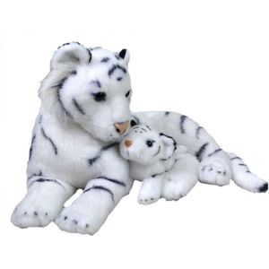 Pluche witte tijger met jong knuffel 38 cm - Tijgers Wilde dieren knuffels - Speelgoed voor kinderen