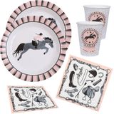 Paarden feest wegwerp servies set - 10x bordjes / 10x bekers / 20x servetten - grijs/roze