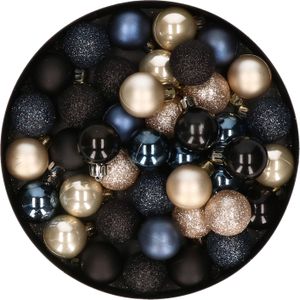 42x stuks kunststof kerstballen donkerblauw, champagne en zwart mix 3 cm - Kerstboomversiering