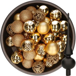 Decoris Kerstballen - 37x stuks - 6 cm - goud - kunststof - incl. glazen piek mat zwart