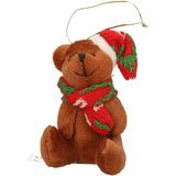 2x Kersthangers knuffelbeertjes beige en bruin met gekleurde sjaal en muts 7 cm - Kerst hangdecoratie - Kerstboom versiering
