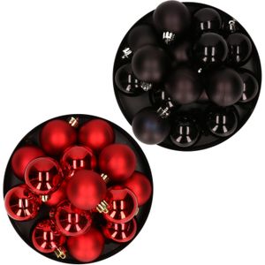 Kerstversiering kunststof kerstballen kleuren mix zwart/ rood 4 en 6 cm pakket van 80x stuks