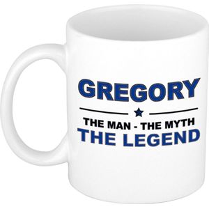 Naam cadeau Gregory - The man, The myth the legend koffie mok / beker 300 ml - naam/namen mokken - Cadeau voor o.a  verjaardag/ vaderdag/ pensioen/ geslaagd/ bedankt