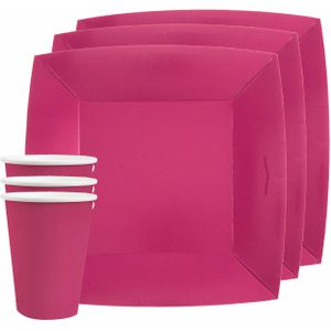 Santex feest/verjaardag servies set - 20x bordjes en bekertjes - fuchsia roze - karton