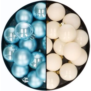 Decoris - kerstballen 32x st - mix wolwit/ijsblauw - 4 cm - kunststof - kerstversiering