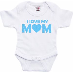 Bellatio Decorations Baby rompertje - i love my mom - blauw - glitter - kraam cadeau