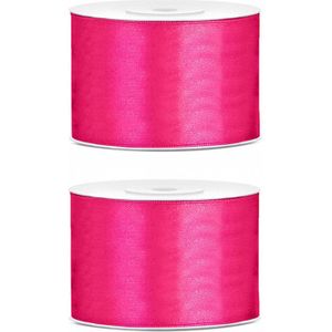 2x Hobby/decoratie fuchsia roze satijnen sierlinten 5 cm/50 mm x 25 meter - Cadeaulint satijnlint/ribbon - Fuchsia linten - Hobbymateriaal benodigdheden - Verpakkingsmaterialen