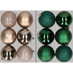 12x stuks kunststof kerstballen mix van champagne en donkergroen 8 cm - Kerstversiering