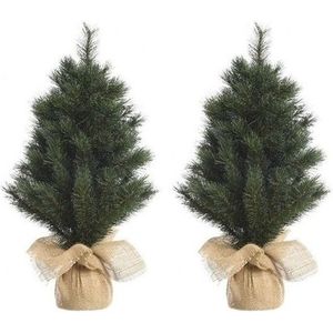 2x Groene kunst kerstbomen/kerstboompjes 45 cm met jute zak/kluit - Kerstversieringen/kerstdecoraties
