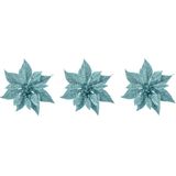3x stuks decoratie bloemen kerststerren ijsblauw glitter op clip 18 cm - Decoratiebloemen/kerstboomversiering
