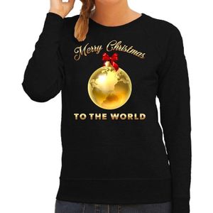 Foute Kersttrui / sweater - Merry Christmas to the world - gouden wereldbol - zwart - dames - kerstkleding / kerst outfit