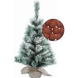 Mini kunst kerstboom besneeuwd -incl. verlichting bollen terracotta bruin- H60 cm