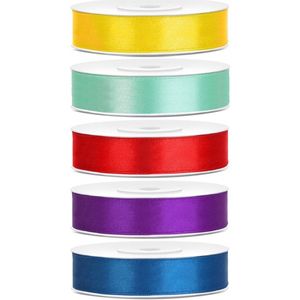 5x rollen satijnlint geel-mint-rood-paars-blauw 1,2 cm x 25 meter - Hobby cadeaulint