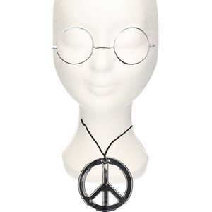 Hippie Flower Power verkleed set peace-teken ketting met ronde transparante glazen bril