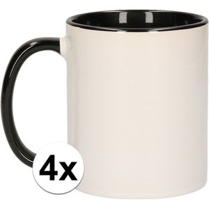 4x Wit met zwarte blanco mokken - onbedrukte koffiemok