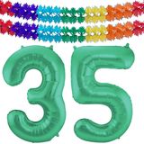 Folat folie ballonnen - Leeftijd cijfer 35 - glimmend groen - 86 cm - en 2x slingers