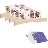 4x stuks Speelkaarthouders - inclusief 54 speelkaarten blauw geruit - hout - 35 cm - kaarthouders
