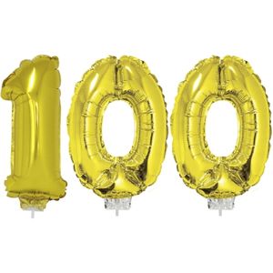 100 jaar leeftijd feestartikelen/versiering cijfers ballonnen op stokje van 41 cm - Combi van cijfer 100 in het goud