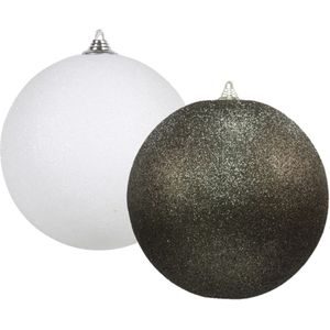 Kerstversieringen set van 2x extra grote kunststof kerstballen zwart en wit 25 cm glitter