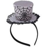 Grijze verkleed mini hoed op diadeem met spinnenweb voor dames - Halloween/carnaval verkleedaccessoires hoeden - Mini hoge hoedjes