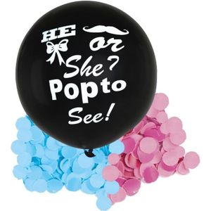 Gender reveal ballon he or she inclusief roze en blauwe confetti - 91 cm - geslachtsonthulling versiering