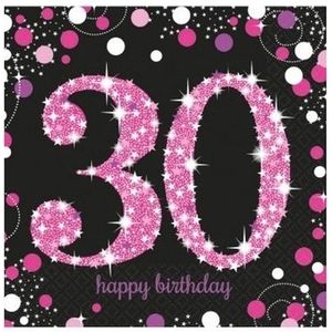 48x Happy birthday 30 jaar servetten zwart/roze