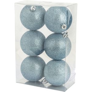 6x stuks kunststof glitter kerstballen ijsblauw 8 cm - Onbreekbare kerstballen - Kerstversiering