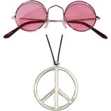 Widmann - Hippie Flower Power verkleed set peace ketting en ronde roze glazen party bril
