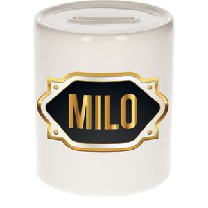 Milo naam cadeau spaarpot met gouden embleem - kado verjaardag/ vaderdag/ pensioen/ geslaagd/ bedankt
