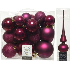 Kerstversiering kunststof kerstballen framboos roze 6-8-10 cm pakket van 27x stuks - Met mat glazen piek van 26 cm