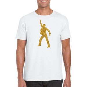 Bellatio Decorations disco verkleed t-shirt voor heren - wit - gouden glitter - jaren 70/80