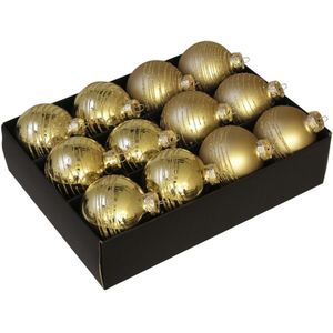 12x stuks luxe glazen gedecoreerde kerstballen goud 7,5 cm - Luxe glazen kerstballen - kerstversiering