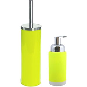 MSV Toiletborstel in houder 38 cm/zeeppompje 275 ml set Enzo - metaal/keramiek - lime/appel groen/zilver