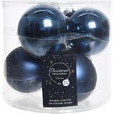 12x Donkerblauwe glazen kerstballen 8 cm - glans en mat - Glans/glanzende - Kerstboomversiering donkerblauw