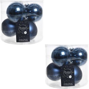 12x Donkerblauwe glazen kerstballen 8 cm - glans en mat - Glans/glanzende - Kerstboomversiering donkerblauw