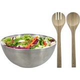 Salade schaal met sla couvert - RVS/bamboe - mat zilver - serveerschaal - D23 x H11 cm