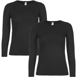 2x stuks basic longsleeve t-shirt - maat: S - zwart - dames - katoen - 145 grams - basic zwarte lange mouwen shirts / kleding