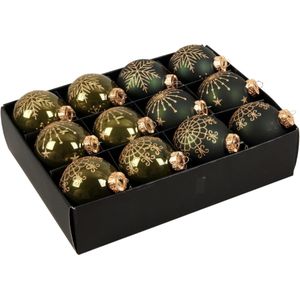24x stuks luxe glazen gedecoreerde kerstballen donkergroen 7,5 cm - Luxe glazen kerstballen - kerstversiering