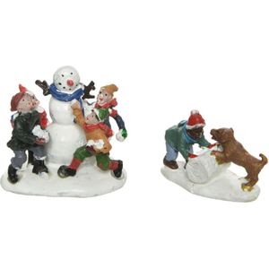 Lumineo kerstdorp accessoires - sneeuwpop en hondje - polyresin - onderdelen
