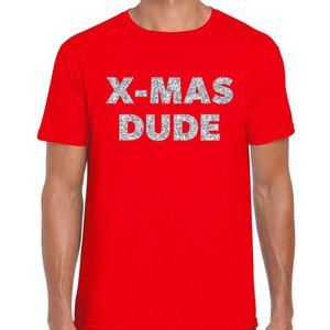 Foute Kerst t-shirt - X-mas dude - zilveren glitter letters / rood voor heren - kerstkleding / Christmas outfit