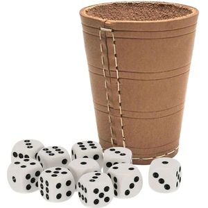 Dobbelbeker - leer - incl. 10x dobbelstenen - 10 cm - dobbelstenen schudden - pokerspel