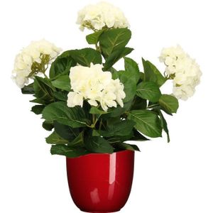 Hortensia kunstplant/kunstbloemen 45 cm - wit - in pot rood glans - Kunst kamerplant