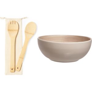 Slakom/serveerschaal en bamboe slacouvert - Keramiek - Beige - D25 cm