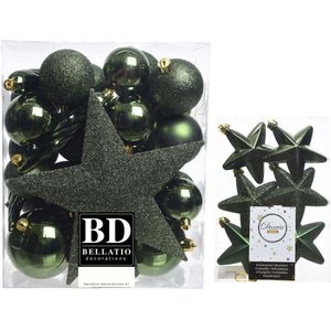 Kerstversiering kunststof kerstballen en hangers donkergroen 5-6-8 cm pakket van 39x stuks - Met ster vorm piek van 19 cm