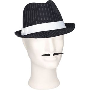 Smiffys - Gangster/Maffia verkleed set hoed zwart/wit met snorretje
