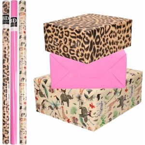 6x Rollen kraft inpakpapier jungle/panter pakket - dieren/luipaard/roze 200 x 70 cm - cadeau/verzendpapier