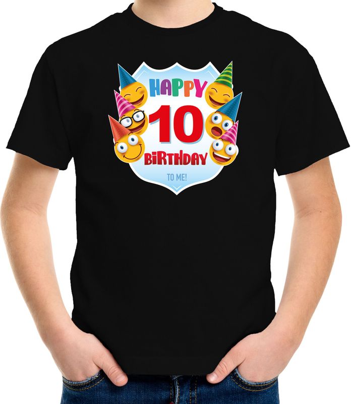 Happy birthday 10e verjaardag t-shirt kind - unisex - jongens / meisjes - 10 jaar shirt met emoticons zwart voor kinderen