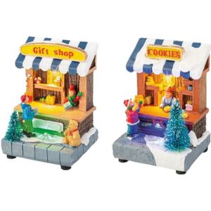 Set van 2x stuks Kerstdorp cadeau winkel en koekjes winkel met verlichting 11 cm - Kerstversiering kerstdorp maken