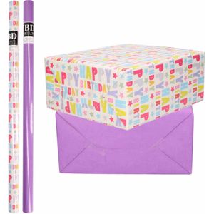 8x Rollen kraft inpakpapier happy birthday pakket - paars 200 x 70 cm - cadeau/verzendpapier